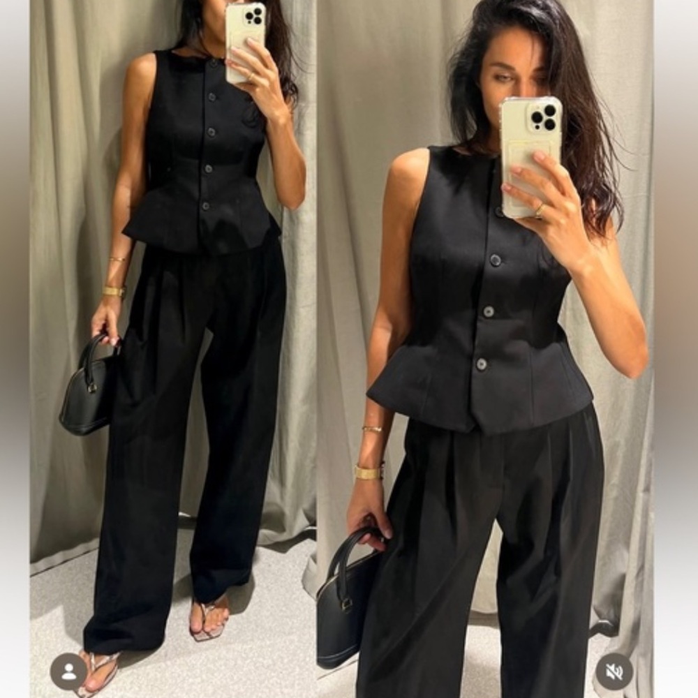 Zara NWT black wide leg pleated pants 3152/408